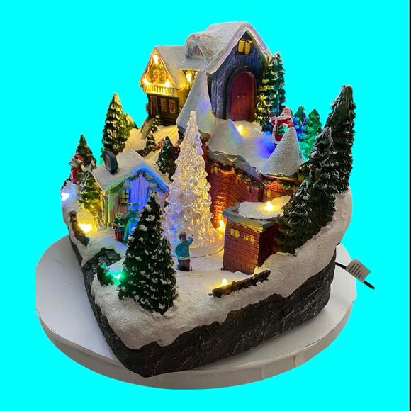 Gerson Alpine Village Christmas Castle Musical Revolving Tree Skiers Lighted - Picture 4 of 11